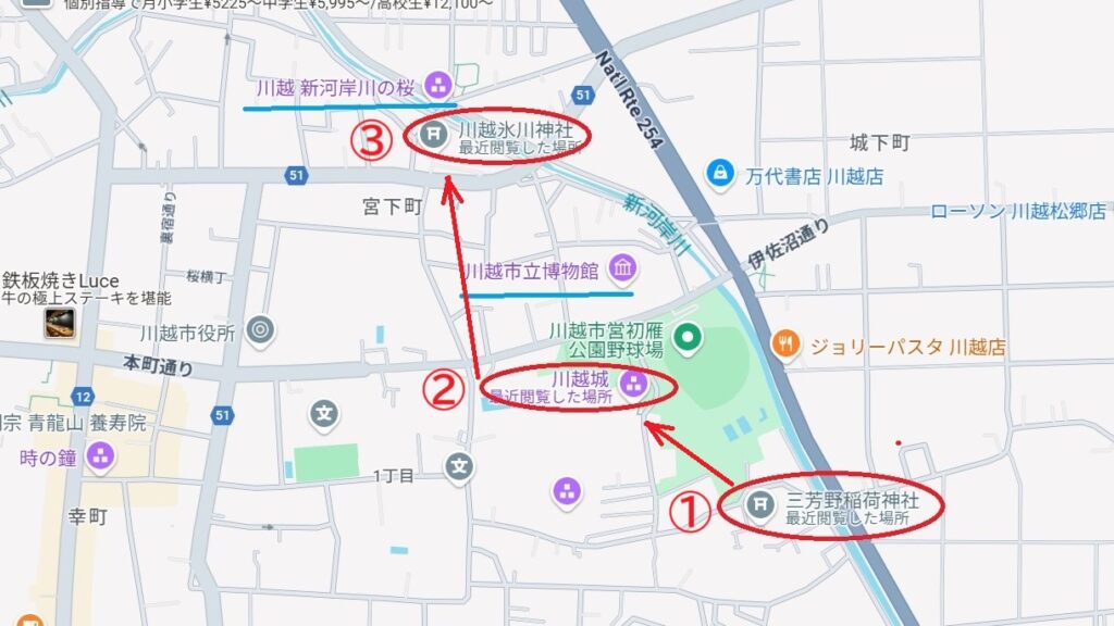 川越御朱印巡りコースの地図