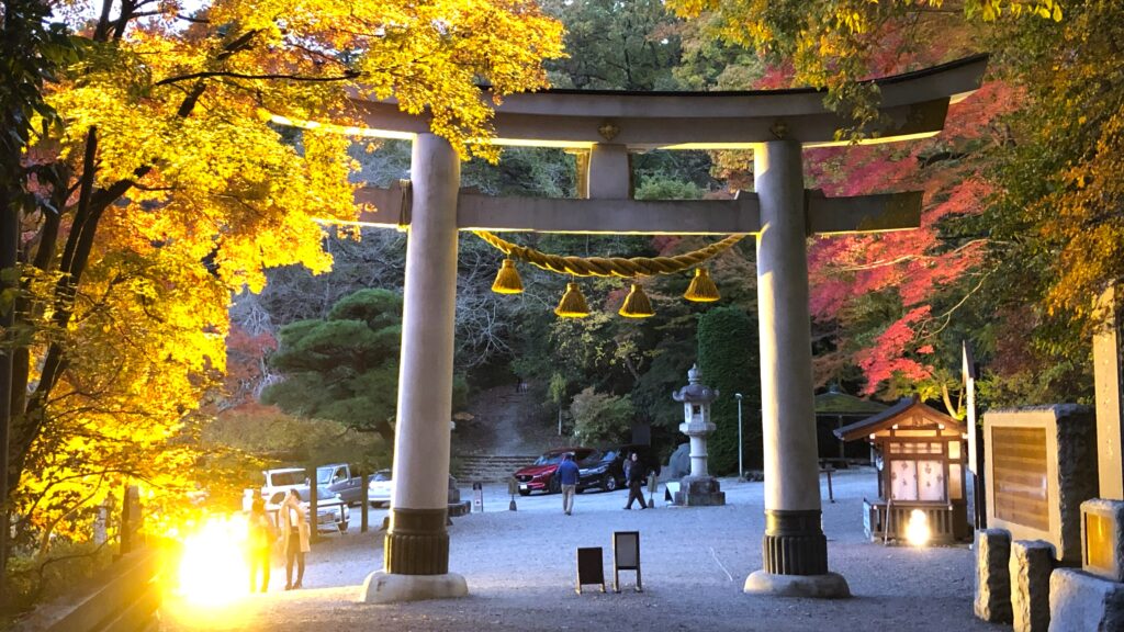 紅葉のシーズンにライトアップされる宝登山神社の大鳥居